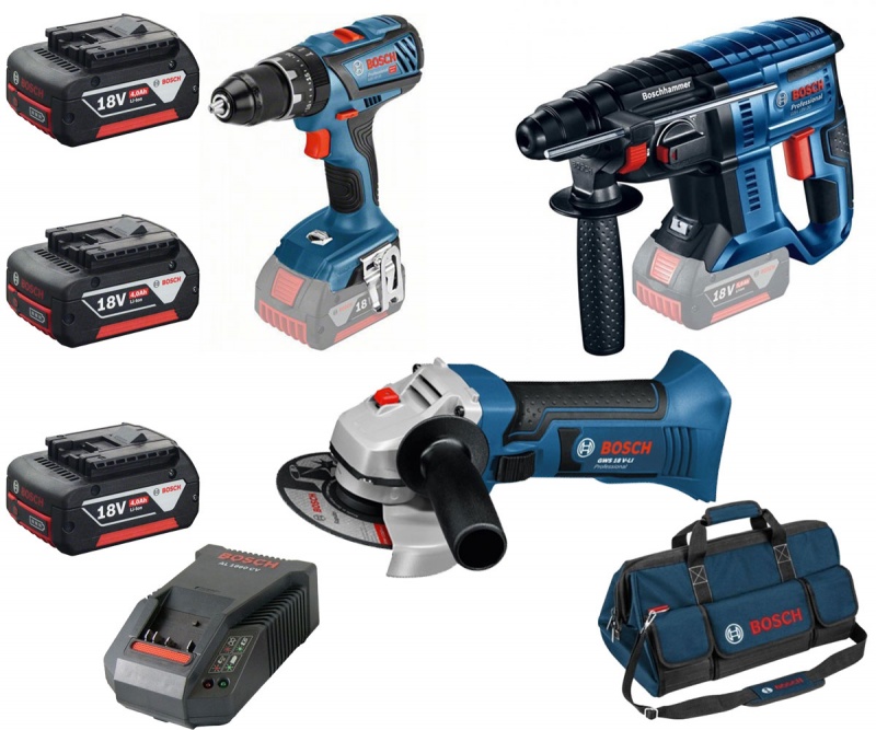Bosch 0615990K13 Set elettroutensili 18V Smerigliatrice Tassellatore Trapano a batteria con 3 Batterie e borsa