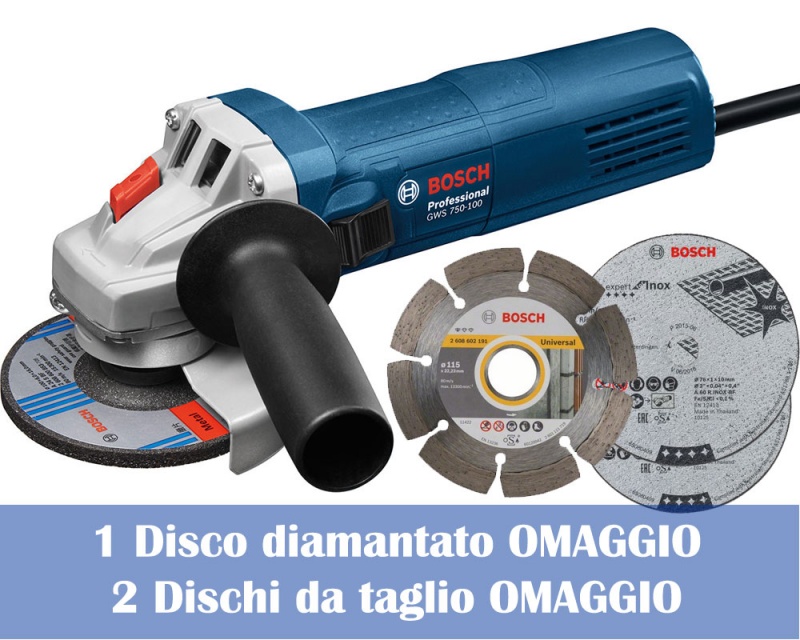 Bosch Smerigliatrice angolare Gws 750 115 mm con 3 dischi omaggio