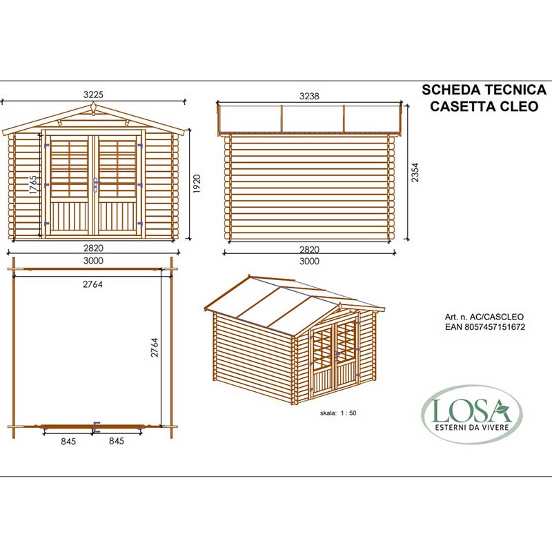 Casetta Da Giardino In Legno Cleo 300 x 300 cm Losa Legnami