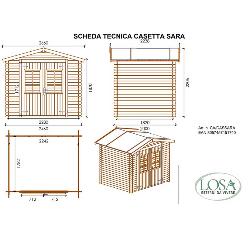 Casetta Da Giardino In Legno Sara 246 x 200 cm Losa Legnami