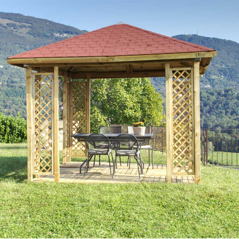 Gazebo in legno di pino 315x315cm con tetto in tegole Stromboli Losa Legnami