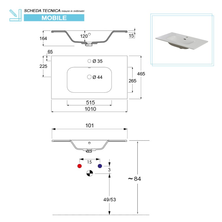 Mobile da bagno 102cm rovere scuro con 2 ante e 3 cassetti Mondo 2.0 Feridras