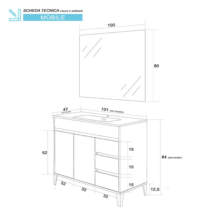 Mobile da bagno 102cm rovere scuro con 2 ante e 3 cassetti Mondo 2.0 Feridras