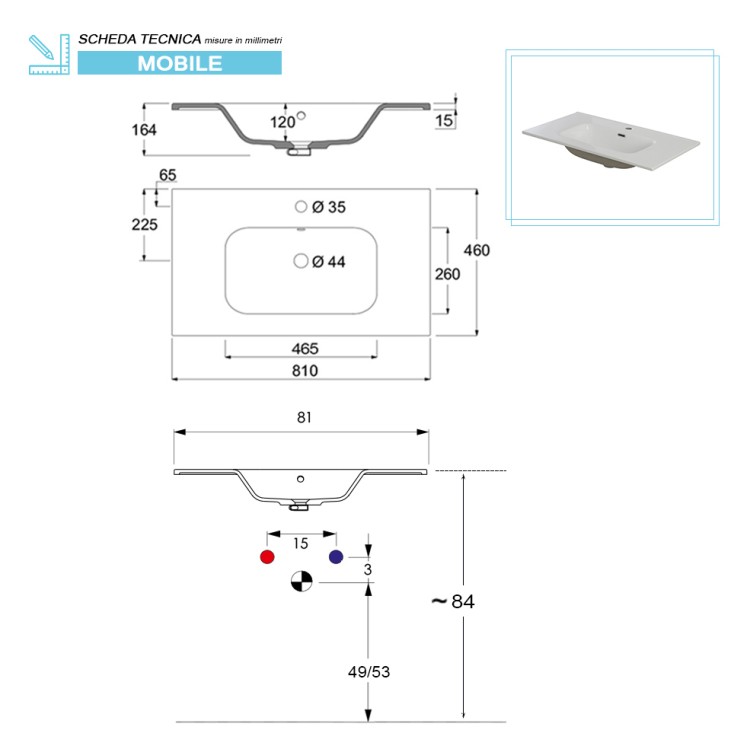 Mobile da bagno 82cm bianco laccato con anta e 3 cassetti Mondo 2.0 Feridras