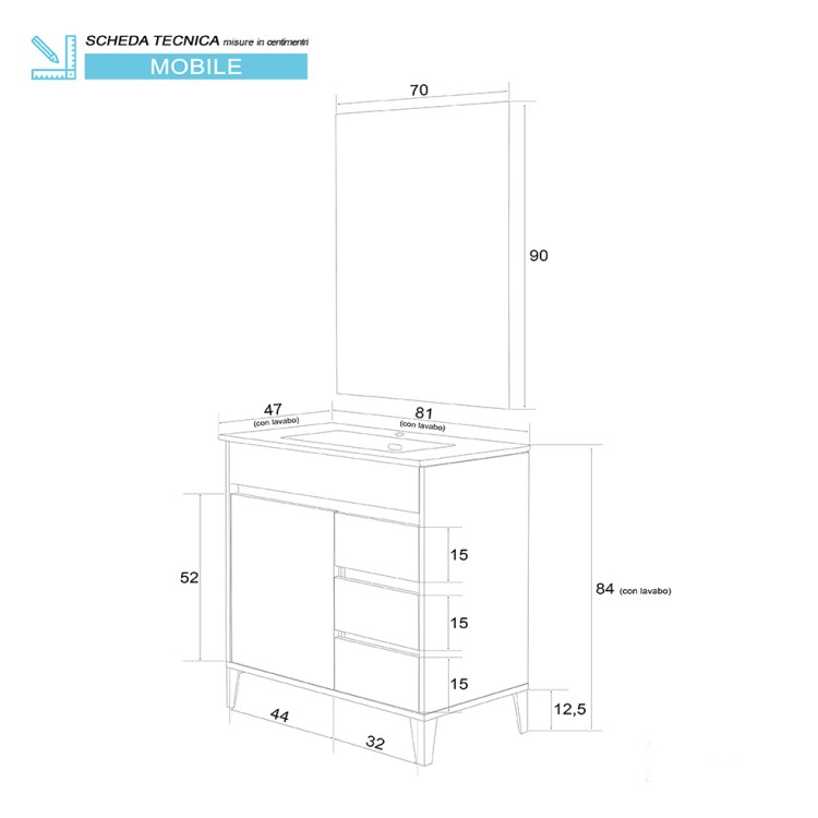 Mobile da bagno 82cm bianco laccato con anta e 3 cassetti Mondo 2.0 Feridras