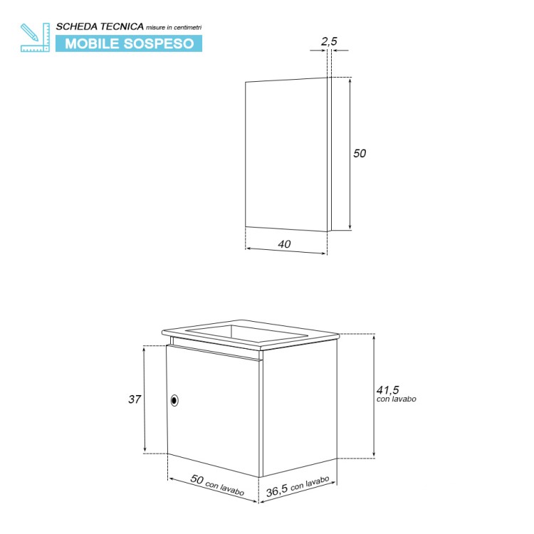 Mobile da bagno sospeso 50cm rovere chiaro con anta Si50 Feridras