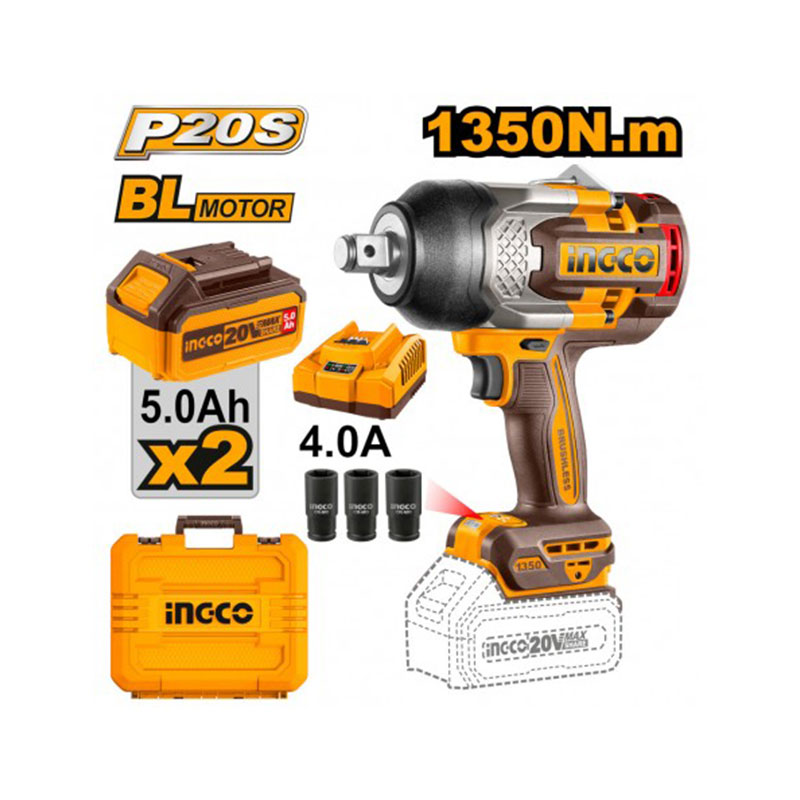 Avvitatore ad impulsi 1350 Nm 20V (2x5.0Ah) quadro 3/4 Ingco CIWLI20135E