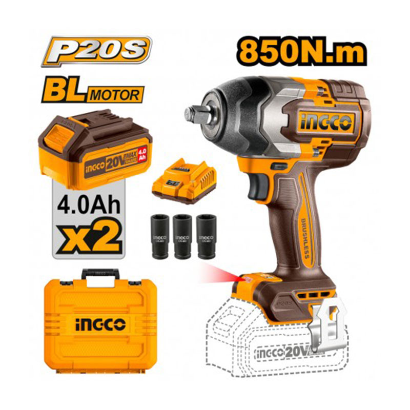 Avvitatore ad impulsi 850 Nm 20V (2x4.0Ah) Ingco CIWLI2085