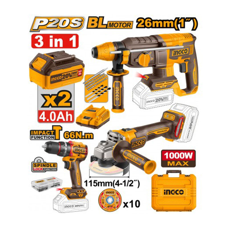 Ingco COSLI241198E Set 20V Smerigliatrice Tassellatore Trapano a batteria