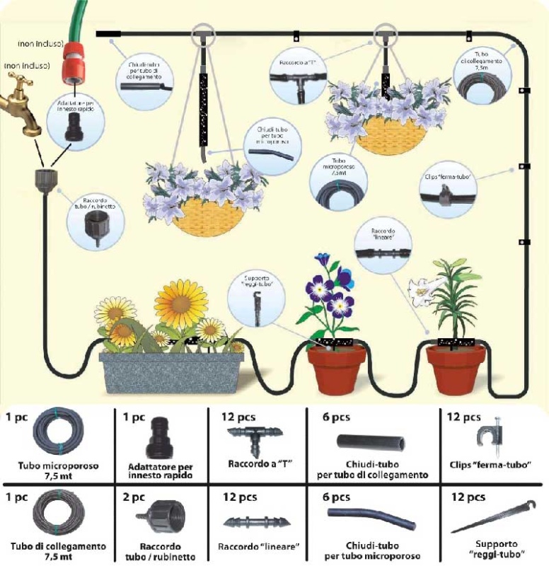 Irrigazione vasi Kit da balcone 15 Mt Con tubo Microporoso Mondo Verde IRD01