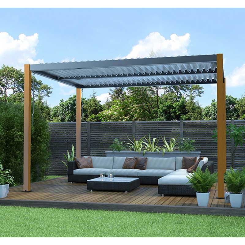 Pergola Bioclimatica In Alluminio Antracite Con Pali Effetto Legno 400x400 Gaia