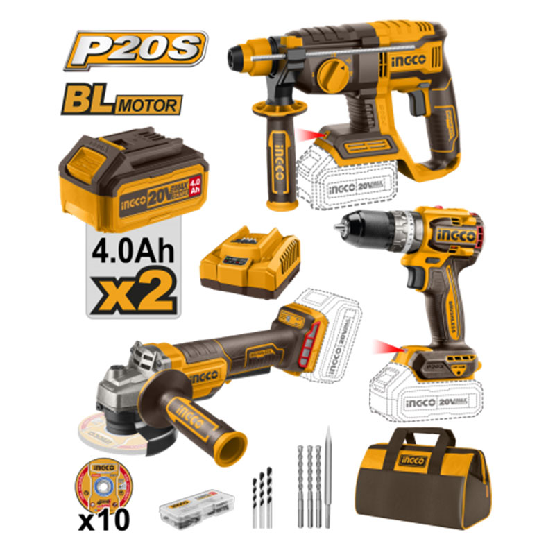 Ingco COSLI240202 Set elettroutensili 20V Smerigliatrice Tassellatore Trapano a batteria con 2 Batterie e borsa