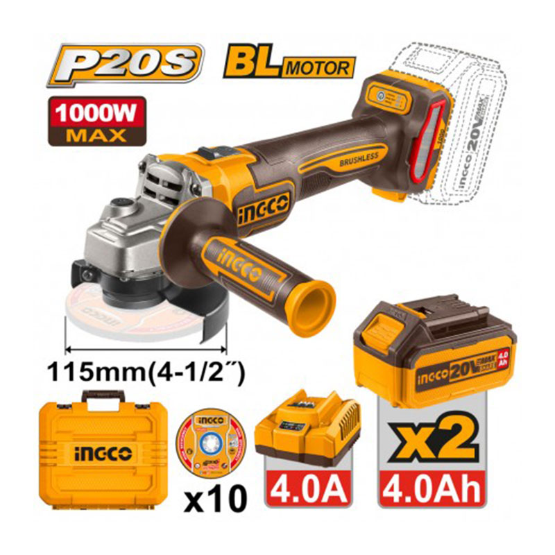 Smerigliatrice angolare a batteria 115 mm 20V (2x4.0Ah) Ingco CAGLI271532E