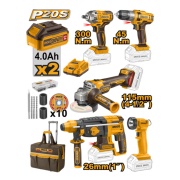 Ingco CKLI2019 Set 5 elettroutensili 20V Smerigliatrice Tassellatore Trapano a batteria con 2 Batterie e Trolley