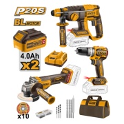 Ingco COSLI240202 Set elettroutensili 20V Smerigliatrice Tassellatore Trapano a batteria con 2 Batterie e borsa